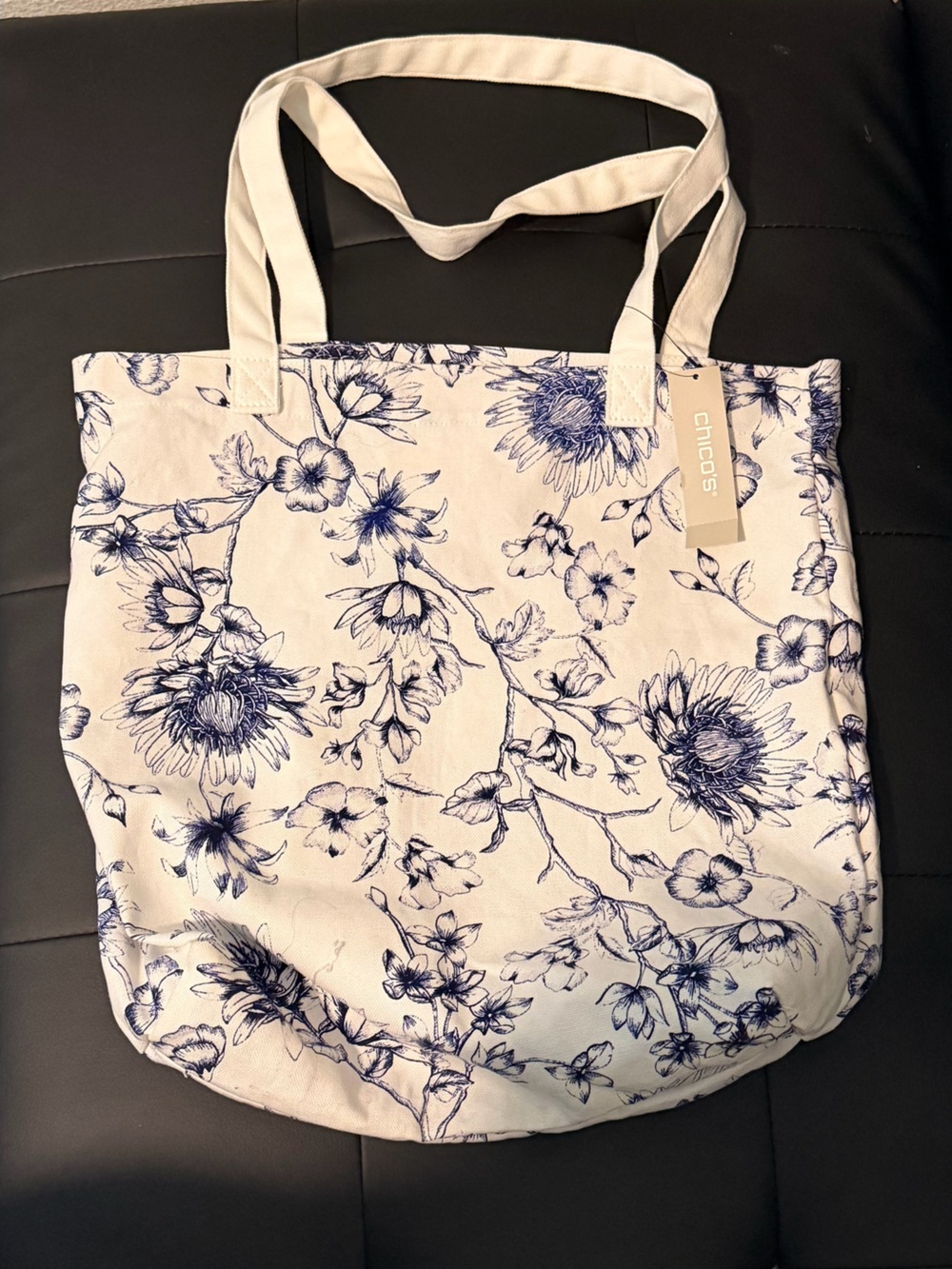 Chico's Cream Canvas Tote with Blue Floral Sketch